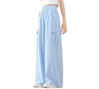 Mjjsk Pantalones de pierna ancha para niñas, holgados, elásticos, de cintura alta, informales, ligeros, con bolsillos, ropa de calle de moda, azul, 13-14 años