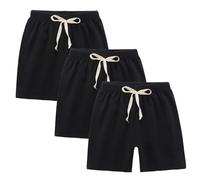 Mjjsk Paquete de 3 pantalones cortos casuales de verano para niños, ligeros, de lino, transpirables, cintura elástica, suaves, para vacaciones, playa, Negro, 5-6 años
