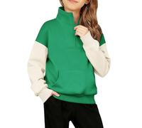Mjjsk Sudadera con cremallera de un cuarto para niñas, diseño de retazos, bloques de color, informal, de manga larga, para otoño e invierno, A-1-verde, 13-14 años