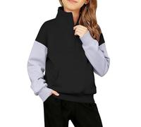 Mjjsk Sudadera con cremallera de un cuarto para niñas, diseño de retazos, bloques de color, informal, de manga larga, para otoño e invierno, A-2-negro, 7-8 años