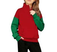 Mjjsk Sudadera con cremallera de un cuarto para niñas, diseño de retazos, bloques de color, informal, de manga larga, para otoño e invierno, #-Rojo, 7-8 años