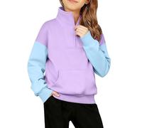 Mjjsk Sudadera con cremallera de un cuarto para niñas, diseño de retazos, bloques de color, informal, de manga larga, para otoño e invierno, Morado (, 11-12 años