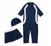Mjjsk Trajes de baño para niñas, traje de baño de 1 pieza de manga corta, traje de baño musulmán modesto con gorra y falda, traje de baño de vacaciones en la playa, azul, 7-8 años