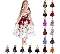 Mjjsk Trajes de Halloween para niñas, vestido acampanado con estampado de fantasma sangriento, túnica sin mangas, vestido de fiesta de cumpleaños, vestidos casuales de vacaciones, A-4-rosa, 7-8 años