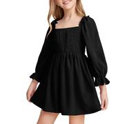 Mjjsk Vestido de manga larga para niñas, cuello cuadrado, cintura alta, acampanado, para verano, otoño, casual, fiesta de cumpleaños, vestido de moda
