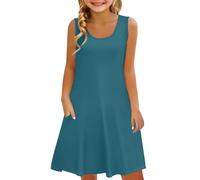 Mjjsk Vestido de verano para niñas, sin mangas, casual, liso, acampanado, cuello redondo, con bolsillos, a la moda, suave, vestido de playa, 10-11 años