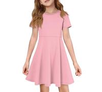Mjjsk Vestidos de verano para niñas, estilo casual, de manga corta, cuello redondo, acampanado, elegante, para vacaciones, patinadora, playa, fiesta, verano, #-2-rosa, 11-12 años