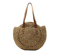 MJLOMJ Bolsa redonda de paja para mujer, elegante bolsa de hombro tejida de rafia para vacaciones de verano y viajes de vacaciones, café, 43*42*3cm