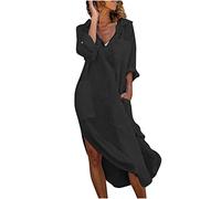 MJLOMJ Vestido largo de algodón y lino para mujer, vestido largo con cuello en V y mangas largas, vestidos rectos para mujer, vestidos de playa, vestidos largos de verano para oficina o playa, #01