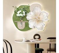 MJMLUCK Escultura Mural Moderna de Arenisca, decoración de Pared en 3D, Mural LED con jarrón y Plantas Verdes Artificiales, para Sala de Estar o Restaurante (Verde, 70 x 54 cm / 27,5 x 21,2 Pulgadas