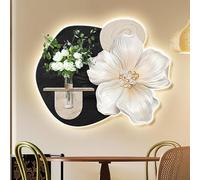 MJMLUCK Escultura Mural Moderna de Arenisca, decoración de Pared en 3D, Mural LED con jarrón y Plantas Verdes Artificiales, para Sala de Estar o Restaurante (Negro, 60 x 47 cm / 23,6 x 18,5 Pulgadas