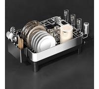 MJMLUCK Escurridor de Platos de Acero Inoxidable para Colocar sobre el Fregadero, con desagüe retráctil y Giratorio, Organizador de Fregadero de Cocina con Soporte para Palillos, escurridor de Plato