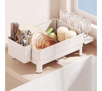 MJMLUCK Escurridor de Platos de Acero Inoxidable para Colocar sobre el Fregadero, con desagüe retráctil y Giratorio, Organizador de Fregadero de Cocina con Soporte para Palillos, escurridor de Plato