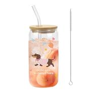 Mjuthy Dackel Vaso de vidrio, 500 ml con tapa y pajita, Vaso de regalo Dackel reutilizable para café helado, matcha, batido, jugo y bubble tea, ideal para bebidas calientes y frías