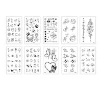 Mjzzh 10 hojas de papel para tatuajes temporales con letras, flores, lunas, pequeños motivos, diseños modernos, para hombres y mujeres, tatuajes resistentes al agua.