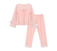 MK MATT KEELY Pijama Niña Conjunto de Encaje Ropa a Juego con Lazo Ropa de Dormir Manga Larga,Rosa,Edad 3-4 Años