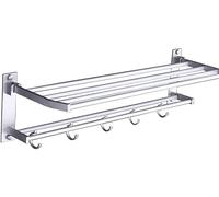 MKAK Pastilla de Ducha montada en la Pared de Aluminio, Doble Plegable con Gancho de Torre de Toalla de baño de Metal Anillo de Toalla(60CM)