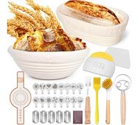 MKAKYES Cesta de Fermentación para Pan, Banetones para Pan, 23cm Ovalada + 25cm Redondo, 10 Piezas Kit Completo de Panadero, con Batidor de Masa, Raspador de Masa y Cepillo, Accesorios para Hornear
