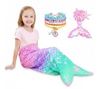 MKAKYES Manta de Cola de Sirena, Manta Cola de Sirena, con Pulsera de Horquilla de Lentejuelas, Franela Saco de Dormir de Sirena para Niños Niñas, Regalo de Cumpleaños 140 x 60cm