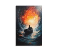 MKALDXCC Póster decorativo con texto en inglés "Into The Abyss Surreal Lonely Boatman", pintura decorativa en lienzo, póster de pared e imagen artística moderna para decoración de dormitorio familiar
