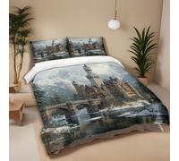 MKBKLI - Juego de cama de 140 x 200 castillos edificios, funda nórdica + 2 fundas de almohada de 65 x 65 cm, juego de cama de microfibra para niño y niña