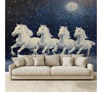 MKBKLI - Papel pintado, diseño de animales iluminados por las estrellas, cuatro caballos blancos 400 x 280 cm, papel pintado gigante 3D Sala de estar Dormitorio Comedor Habitación infantil Decoración