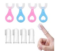 MKEAWWU 8 Piezas Cepillo Dientes Bebe 6 Meses U-Shape 4,5Cm Cabezal, 4 U-Shaped + 4 Dedo, Silicona Alimenticia 360° Rosa Azul
