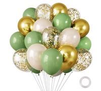 MKEAWWU Globos De Cumpleaños, 50 Helio Globos De Confeti Oro Blancos Y Verde Retro, Baloes Oro Verde Para Decoracion Cumpleaños, Bodas, Globos Baby Shower Niño, Safari, 12 Pulgadas