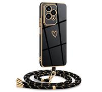 Mkej Coque pour Honor 200 Lite Avec Cordon, Coque Avec Collier Motif Coeur d'amour Silicone Galvanisé Housse, Réglable Amovible de Cordon Case pour Honor 200 Lite, Or Noir