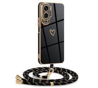 Mkej Coque pour Honor 90 Lite Avec Cordon, Coque Avec Collier Motif Coeur d'amour Silicone Galvanisé Housse, Réglable Amovible de Cordon Case pour Honor 90 Lite, Or Noir