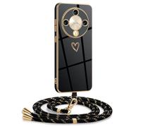 Mkej Coque pour Honor Magic 6 Lite 5G Avec Cordon, Coque Avec Collier Motif Coeur d'amour Silicone Galvanisé Housse, Réglable Amovible de Cordon Case pour Honor Magic 6 Lite 5G, Or Noir