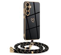 Mkej Coque pour Samsung Galaxy A55 5G Avec Cordon, Coque Avec Collier Motif Coeur d'amour Silicone Galvanisé Housse, Réglable Amovible de Cordon Case pour Samsung Galaxy A55 5G, Or Noir