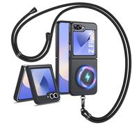 Mkej Funda Magnética Compatible con Samsung Galaxy Z Flip 6/ Z Flip 7 FE con Cordón, Compatible con MagSafe, Carcasa Translúcido Mate Protección, Shock-Resistant TPU+PC Bumper Case Funda, Negro