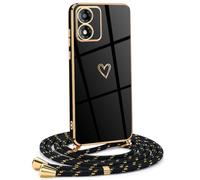 Mkej Funda para Motorola Moto E13 4G con Cuerda, TPU Suave Silicona diseño de corazón con Chapado en Oro de Lujo, Funda Motorola Moto E13 4G Cuerda para Mujeres y niñas