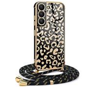 Mkej Funda para Samsung Galaxy S22 con Cuerda, TPU Suave Silicona diseño de Leopardo con Chapado en Oro de Lujo, Funda Samsung Galaxy S22 Cuerda para Mujeres y niñas, Oro Negro