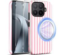 Mkej Magnética Funda para Xiaomi 17T Pro 5G con 2 Protectores de Pantalla, Mate de PC + TPU Material Antichoque Antigolpes Stripes Aesthetic para Mujeres y Niñas, Rosa y Blanco