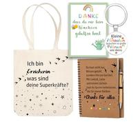 MKISHINE Regalo de despedida educadora - Set de regalo con bolsa de lona «Ich bin Erzieherin - was sind deine Superkraftte?» + cuaderno + llavero + tarjeta de agradecimiento regalos educadora