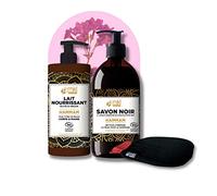 mkl green nature Gama Hammam - La rutina oriental - 1 jabón negro eucalipto 500 ml + 1 guante Kessa de exfoliante + 1 leche nutritiva cuerpo oliva y argán 500 ml - Fabricado en Francia