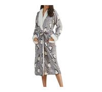 MKLQLS Bata de Baño Franela con Estampado de Copos de Nieve y Pingüino para Mujer,Suave y Esponjosa con Cuello Chal,Cómoda y Muy Suave,Color Gris L