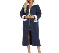 MKLQLS Bata de Felpa Larga para Mujer,Cómoda,Cálida,Informal con Cremallera y Bolsillo,Cuello de Solapa Súper Suave y Esponjoso,Ropa de Estar en Casa,Azul Marino,Talla M