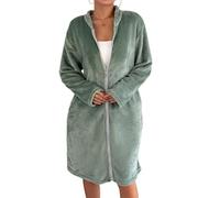 MKLQLS Bata de Franela Lisa de Lujo para Mujer,Cálida de Invierno con Cuello Alto de Felpa de Manga Larga,Cómoda y con Cremallera para Estar en Casa,Color Verde M