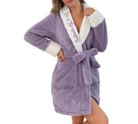 MKLQLS Bata de Franela Lisa para Mujer - Bata de Baño Suave y Esponjosa de Manga Larga con Cuello Chal Corto - Bata Cómoda de Invierno y Ropa de Estar Por Casa (Morado,Talla S)
