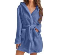 MKLQLS Bata de Franela Lisa para Mujer,Elegante y Sencilla Bata con Capucha,Bata de Baño Corta de Lujo,Ropa de Dormir Esponjosa y Cómoda,Color Azul 3 M