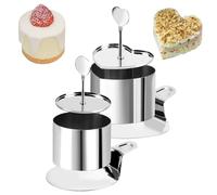MKNZOME 2PCS Aro para Pastel Horneable, Molde para Mousse de Acero Inoxidable, Moldes para Postres Redondo y Corazón con Prensador y Espátula, Aros de Hornear Antiadherentes para Crumpets Repostería