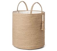 Mkono Cesta alta de mimbre para la colada, cesta de almacenamiento decorativa, cesta de cuerda natural, decoración de cuentas de madera para mantas, juguetes, ropa, zapatos, organizador de plantas con