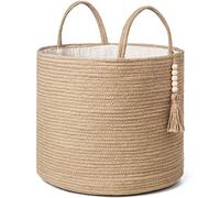 Mkono Cesta de almacenamiento tejida decorativa de cuerda natural, decoración de cuentas de madera para mantas, juguetes, ropa, zapatos, organizador de plantas con asas, sala de estar, decoración del
