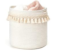 Mkono Cesta decorativa de cuerda de algodón de macramé, decoración de guardería, pequeña y bonita borla tejida, organizador para juguetes de bebé, revistas, cubierta de plantas en maceta, sala de