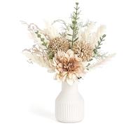 Mkono Pequeñas flores artificiales en jarrón de cerámica de 13.5 pulgadas, decoración de mesa de café, arreglos florales de seda para decoración del hogar, ramo de flores falsas para baño, comedor