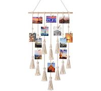 Mkouo Foto colgante Displays Macramé Cuadro para colgar en la pared Organizador con 30 Clips de madera Boho Decor for Home, Living Room, Bedroom, Ivory White, 108cm (L) × 43cm (W)