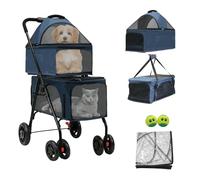 MKSY Cochecito doble para mascotas con dos transportadores desmontables para mascotas, 4 ruedas bloqueables, cochecito plegable para perros pequeños y medianos, gatos, color azul